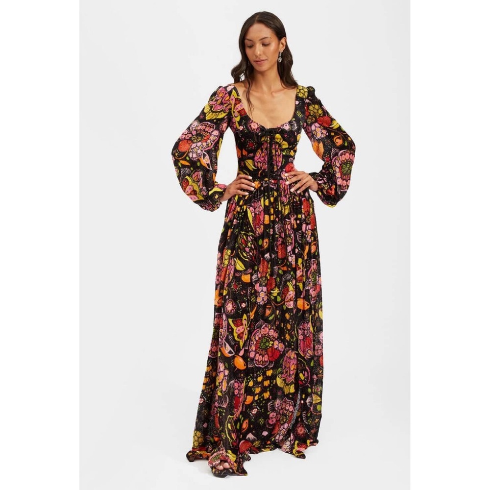 La DoubleJ Wanderlust Eden Floral Devoré Velvet Silk Maxi Dress S